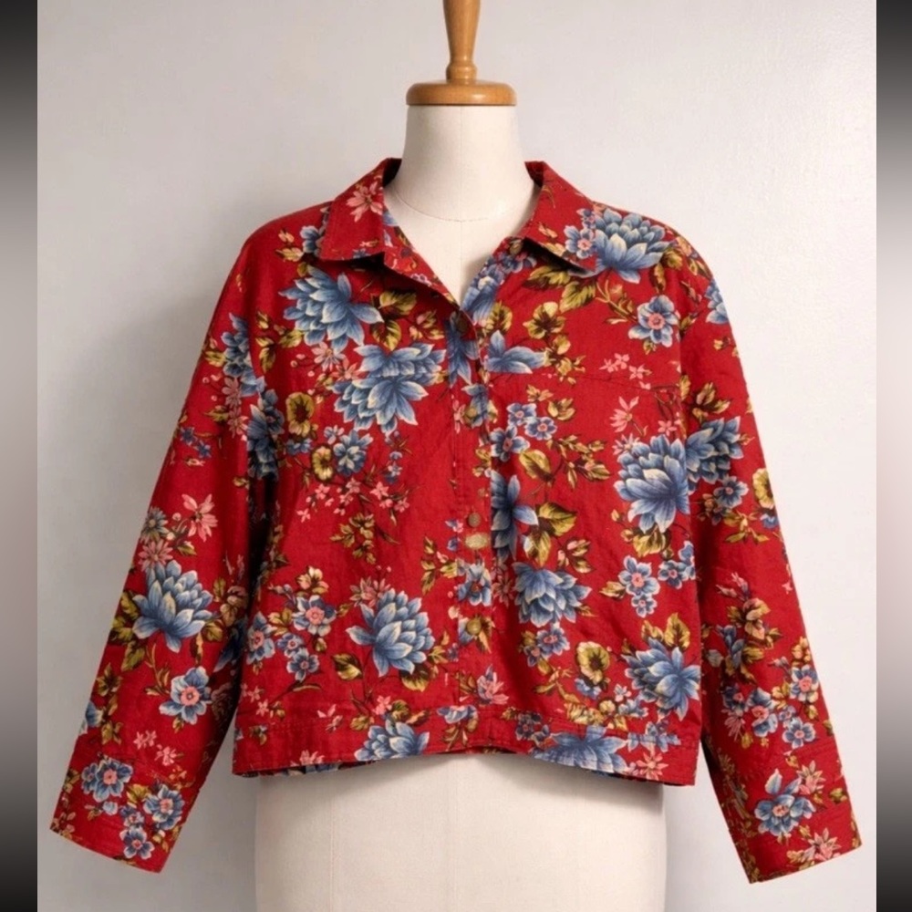 Coldwater Creek Red Floral Linen-Cotton Blue and Pink Blooms Button Up Jacket